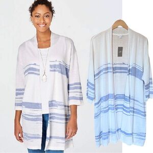 Pure Jill Linen Blend Open Long Blue and White Cardigan J Jill NWT 1X